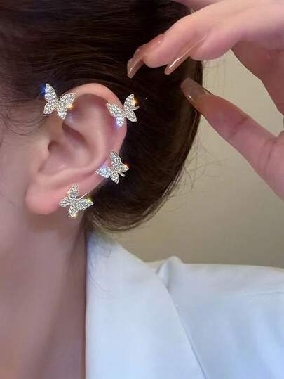 1 pieza Ear Cuff de Diamante con Mariposa para la Oreja Izquierda, Pendiente Elegante Francés para Orejas Perforadas, Elegante Ear Cuff Versátil de Hada Brillante para Mujeres