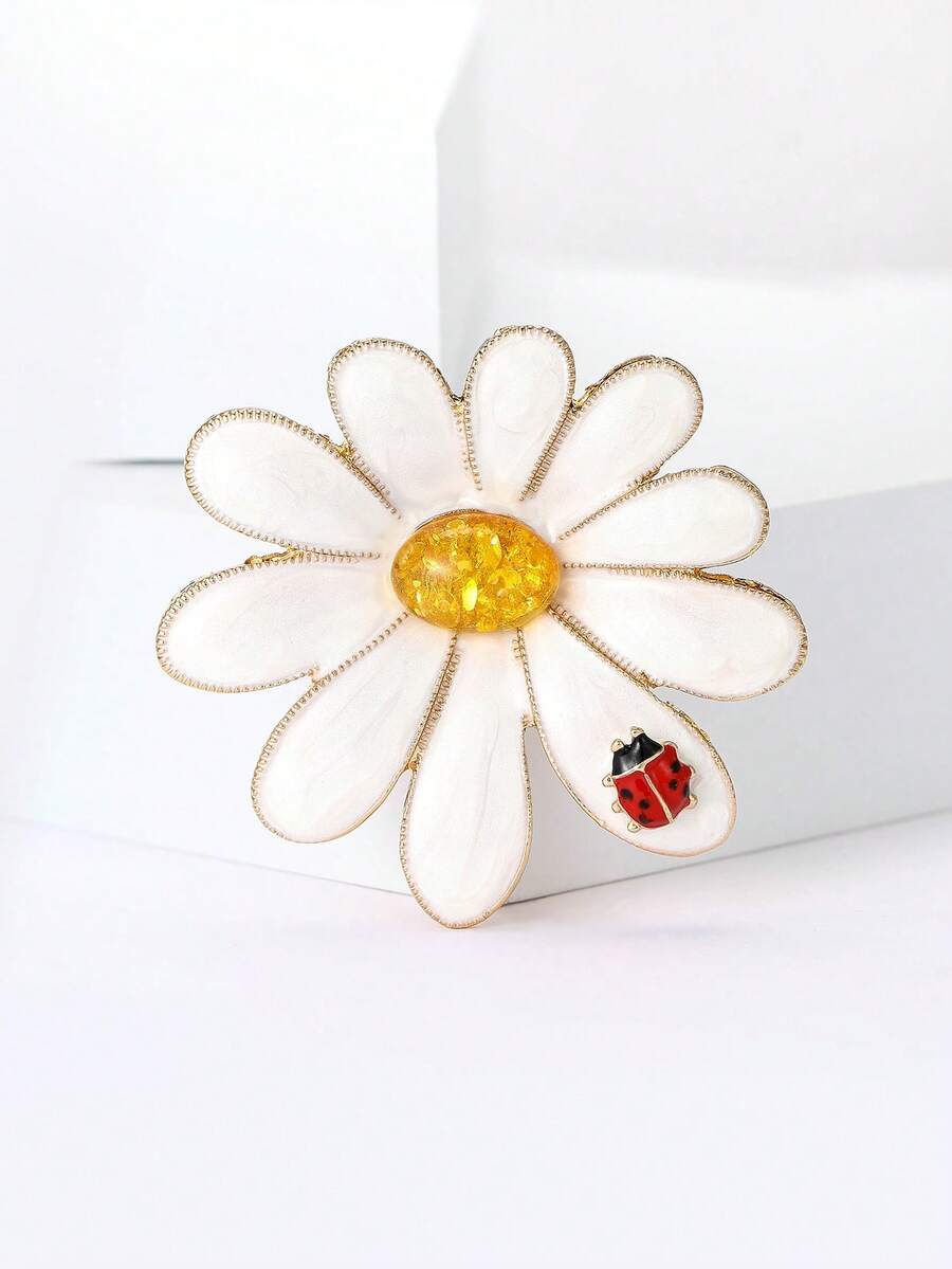 Luxury Enamel Ladybird And Chrysanthemum Brooches - Plant Pins For Women Casual Party Jewelry Accessories / Friends Gifts Badges Decoration