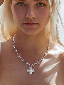 锤纹十字架吊坠项链，金链首饰，沙滩派对女士礼物 - 幾何十字項鍊 - 查看 2