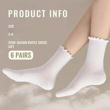 6 Pairs Women's Cute Ruffle Ankle Socks, Frilly Edge Design Sock Set For Casual Daily Wear - White - View 3