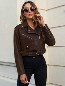 Risissida Single Solid Color PU Leather Biker Jacket With Pocket Design, Belt, Spring And Autumn Coat, Suitable For Country Concerts, Airport Wear - Brown - View 3