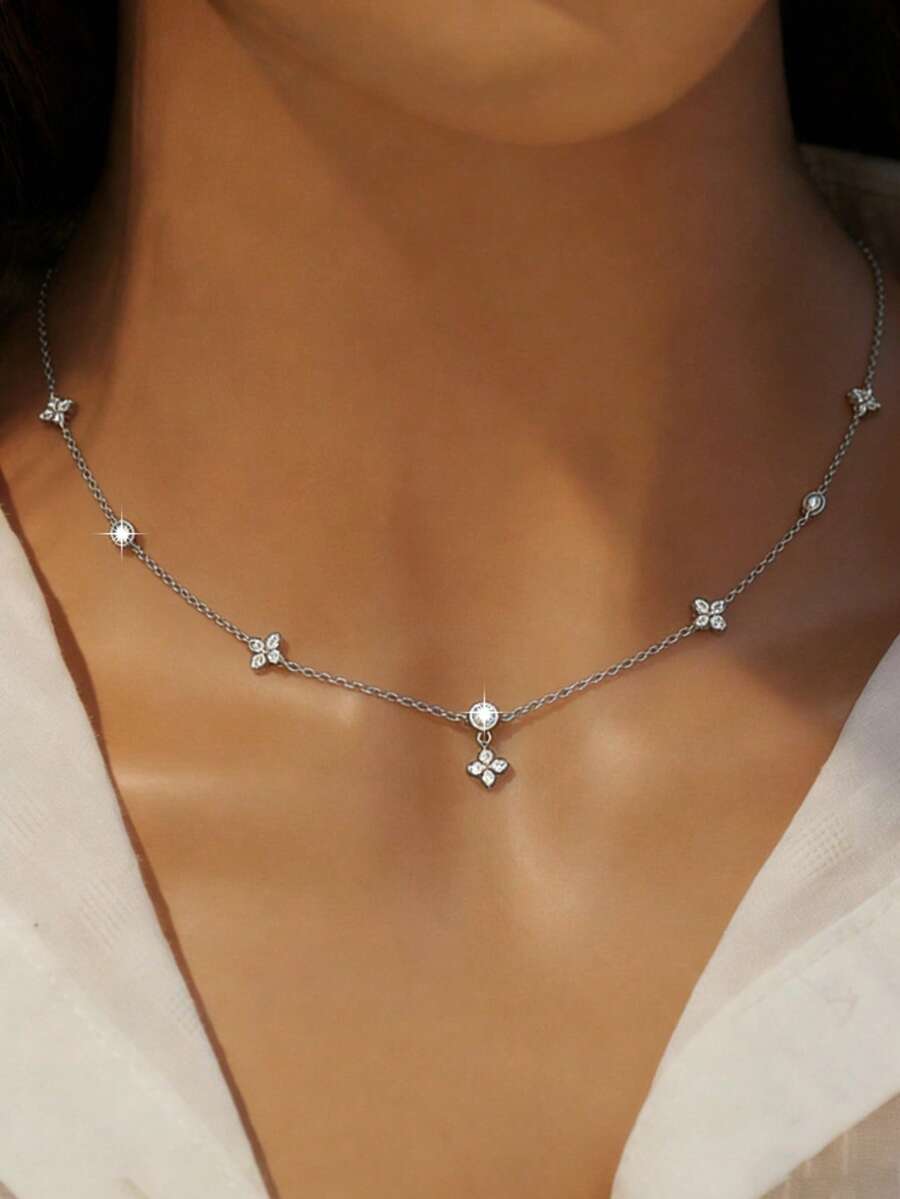 1 chiếc vòng cổ hình cỏ bốn lá may mắn bằng bạc Sterling S925, mặt dây chuyền hình hoa đính đá Cubic Zirconia cổ điển thanh lịch, dây chuyền kiểu INS ngọt ngào nữ tính, quà tặng cho phụ nữ. - cỏ bốn lá - Xem 1