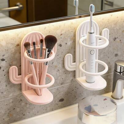 1pc No Drill Wall Mounted Toothbrush Holder, Can Store Makeup Brushes And Combs, Cute Cactus Shaped Toothbrush Holder, Bathroom Accessory