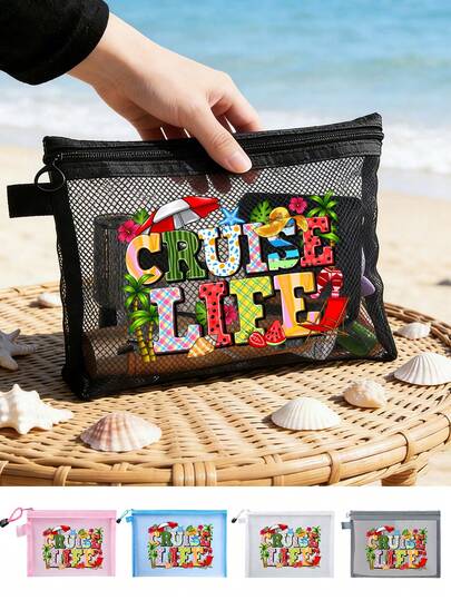 Ladies' Mesh Zipper Makeup Bag, Printed With The Words "Cruise Life" And Coconut Tree And Umbrella Patterns, Large Storage Bag - Multiple Color Options, With Dolphin Star Shell Elements, Vacation Weekend Short Trip Travel Wash Bag, Personalized Birthday Gift For Friends, Suitable For Travel, Beach Life, Cruise Life, Beach Vacation, Teacher's Day Gift, Mother's Day Gift, Back To School Season Opening, Vacation Travel Essential