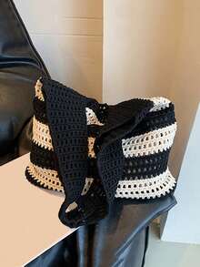 女士撞色编织单肩包，镂空条纹，编织时尚配饰，镂空手提包，购物袋，单肩包，钩针条纹编织沙滩包，大容量多功能女士包，欧美撞色提花手提包，简约时尚女士斜挎包，轻便，节日礼物，沙滩旅行包 - 彩色 - 查看 9