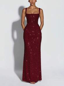 New Women's Slim-Fit Bodycon Dress With Faux Handmade Iridescent Sequins And Spaghetti Straps - 深紅色(26003) - 查看 1