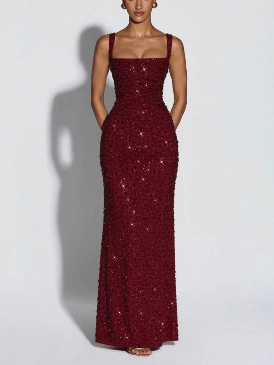 New Women's Slim-Fit Bodycon Dress With Faux Handmade Iridescent Sequins And Spaghetti Straps - 深紅色(26003) - 查看 1