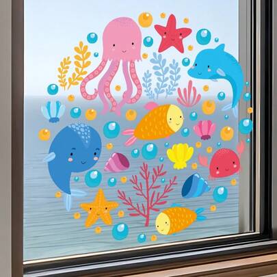 1张夏季创意海洋动物窗贴 - 自粘式夏季趣味彩色世界海洋日贴纸，包含鱼、鲸鱼和其他海洋生物图案，适用于学校、家庭办公室、浴室等场所，可作为海底主题派对用品，一次性使用