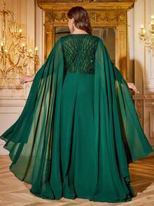 Đầm dạ hội dáng ôm SUPGIR Plus dành cho nữ, cổ tròn, tay bồng, đính sequin và phối chiffon, xẻ tà. - Màu xanh lá cây đậm - Xem 2