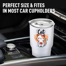 30oz Stainless Steel Tumbler Black White Options,  Cat With Heart And Orange Background Graphic Cups, Insulated Travel Coffee Mug With Lid And Straw , Double Wall Vacuum Reusable Travel Cups, Funny Birthday Party Gift For Women & Men - 白色 - 查看 2