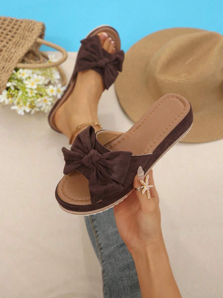 Women's Platform Wedge Sandals, Bowknot Slip-On Thick Sole Slippers, Summer Sandals