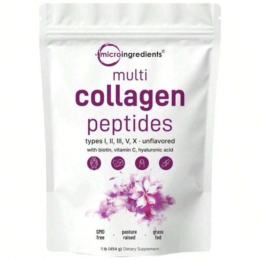 Multi Collagen Peptides Powder - Hydrolyzed Protein Peptides (Type I,II,III,V,X) With Hyaluronic Acid, Biotin & Vitamin C Unflavored - One - View 1