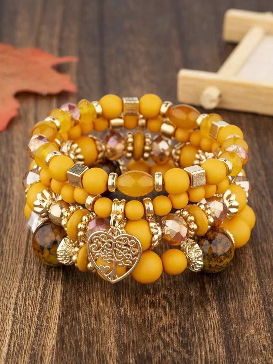 4pcs Vintage Heart Pendant Bracelets - Yellow - View 1
