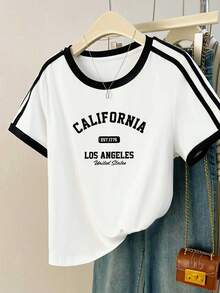 女士休闲撞色侧条纹T恤，学院风日常短袖，夏季拼接简约字母数字印花修身圆领上衣 白色 - 白色 - 查看 1