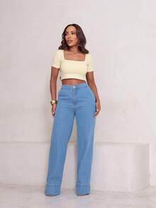 Calça Jeans Wide Leg Feminina Cintura Alta com Elástico na Cintura - Lavagem Média - Visão 6