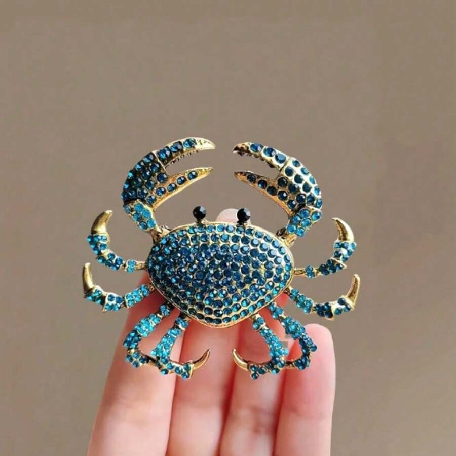 A 2026 New Hot-Selling Pin, European And American Rhinestone Crab Brooch, Women's High-End Sense, Light Luxury And Exaggerated Brooch, Clothes Accessories, Alloy Animal Pins - 藍色 - 查看 1