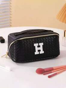 1pc PU Leather Makeup Tool Storage Bag, Letter Pattern, Waterproof Portable, AB Rhinestone, Faux Pearl Letter Zipper Design, Bridal Makeup Organizer, Cosmetic Bag, Toiletry Bag, Storage Pouch, Minimalist Style, Customizable Letter Sticker, Travel Makeup Bag, Women's Bathroom Toiletry Bag (Letter A~Z), Gift For Mom, Beach Bag, Back To School Essential - Multicolor - View 2