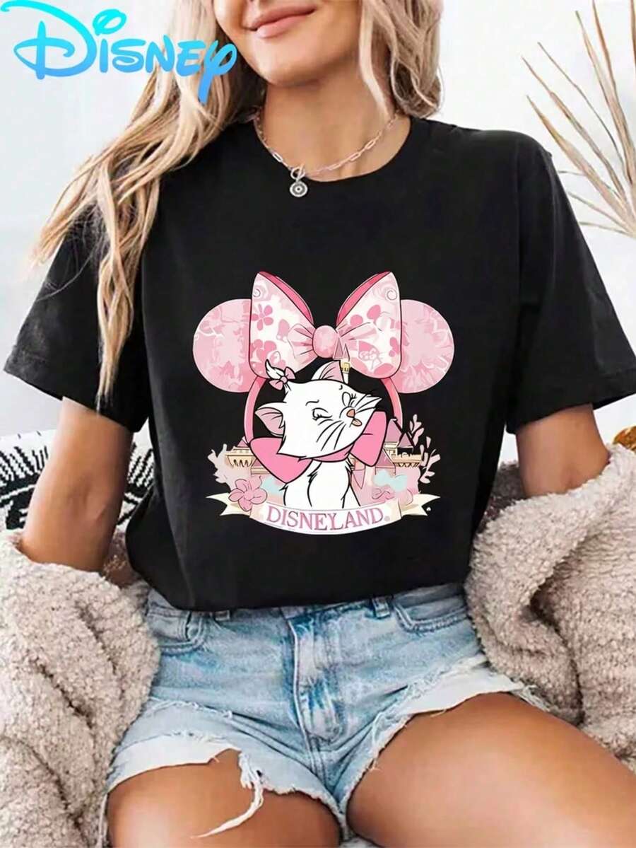 Women's Black Cotton Round Neck Short Sleeve Regular Fit T-Shirt With Marie Cat Disneyland Print Casual Top - Black - View 1