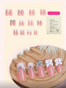 24pcs French Manicure Nail Stickers, Medium Square Shape, Elegant Sparkling Rhinestone Bow Design, Full Coverage Fake Nails Suitable For Women And Girls Daily Wear - Multicolor - View 2