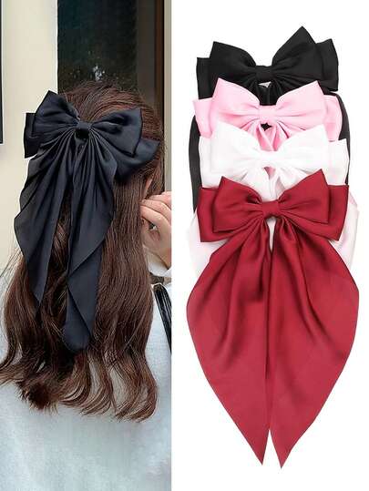 4 Pcs Silky Satin Hair Bows Big Hair Ribbons For Girl Large Hair Clips For Girls Hair Accessories Barrettes Metal Clips Bowknot Aesthetic, Extra Large Long Tail Bowknot Hair Clip, Hair Accessory, Gift, Valentine's Day Claw Clip, School Supplies, Head Accessories, Hair Accessories For Girl