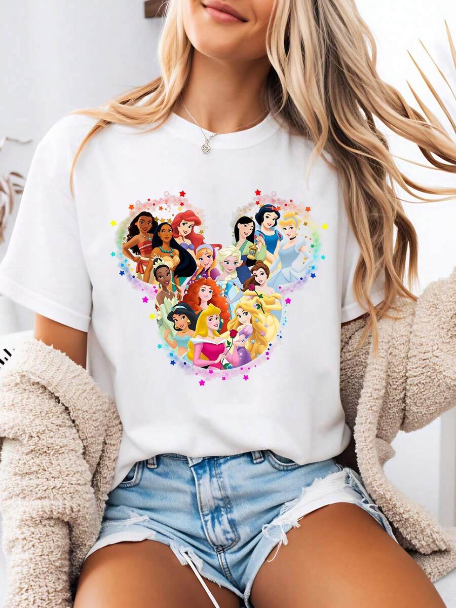Disney-Style Women's Printed T-Shirt Featuring Cartoon Prints Of Disney Princesses Within Mickey Mouse-Shaped Stars. This Round-Neck Summer Top Is Crafted From Soft, Comfortable 100% Cotton Fabric, Perfect For Everyday Wear, Outdoor Activities, Or Shopping. It Also Makes An Ideal Choice For Women's Vacation Attire. - White - View 1