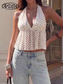 女士夏季杏色波点吊带露背系带荷叶边下摆短款上衣，适合海滩、派对、约会和音乐节等场合。 - 杏色 - 查看 7