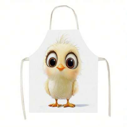 一件印有可爱小黄鸡图案的围裙，属于围裙类产品，适用于厨房、客厅、餐厅、酒店和户外烧烤等场合。采用 100% 涤纶面料，大号，可机洗。