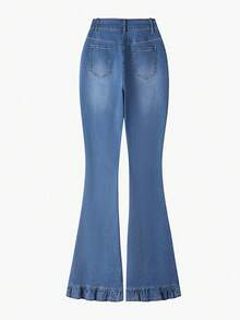 Celana Jeans Wanita Model Vintage Biru Pudar dengan Ujung Bawah Mengembang, Celana Skinny Slim-Fit Serbaguna - Medium Wash - View 2