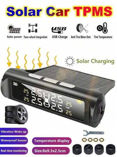 TPMS Tire Pressure Monitoring System, Solar/USB Digital LCD Wireless Off-Road 4x4 Car Accessories, Universal Automotive Parts