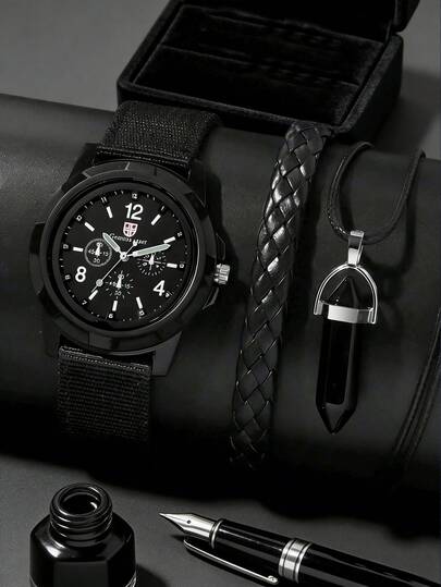 3PCS Cool Mechanic Style Men's Watch Set, Part Of A Men's Accessory Collection, Includes A Black-Dial Multifunction Luxury Men's Watch, A Woven PU Leather Bracelet, And A Geometric Pendant Necklace. The All-Black Color Matches The Nylon Strap, Showcasing A Hardcore And Stylish Vibe. As A Watch And Jewelry Set, It Is Suitable For Various Occasions Such As New Year Outdoor Adventures, Street Outings, Gatherings With Friends