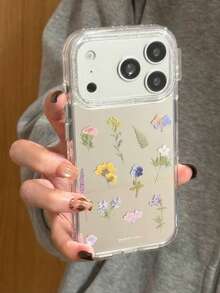 韩式镜面绿叶彩色花卉手机壳，适用于 14 Pro Max/16/17，全包边保护，个性化小品牌 15/13 保护套 - 銀色 - 查看 1