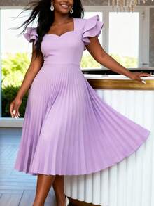 AOMEI Women's Elegant Purple Pleated A-Line Dress, Heart-Shaped Neckline, Layered Ruffle Sleeves, Mid-Length, Suitable For Wedding Guests, Parties, And Formal Events - Lilac Purple - View 4