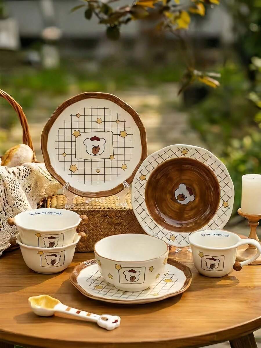 Vajilla de cerámica con diseño de oso estrella de dibujos animados, taza de café, tazón de postre, yogur, arroz y plato, ideal para uso diario en el hogar y la cocina - Multicolor - Ver 1