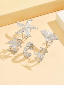 5pcs/Set Casual Beach Style Rings, Ocean Series Starfish & Shell Rings, Stainless Steel Open Rings With 18K Gold Plating, Waterproof & Fade Resistant, Women Jewelry Gift - Starfish Shells - View 7