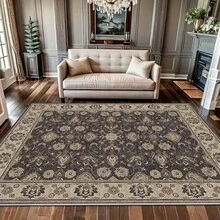 1 pieza Alfombra con estilo persa vintage de tonos negro oscuro y marrón beige con emblema central con patrón floral y de voluta. Tela de terciopelo con un peso aproximado de 850g y un grosor de aproximadamente 0,6 cm. Alfombra duradera, antideslizante y fácil de limpiar. Disponible en varios tamaños. Adecuada para cocina/sala de estar/comedor/dormitorio/balcón/baño/estudio. Excelente opción de decoración del hogar. - A - Ver 2