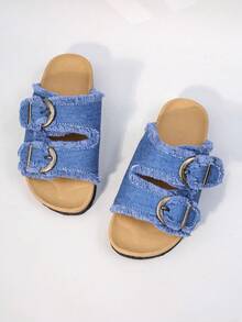 Girls' Denim Double Buckle Slide Sandals, Casual Open Toe Soft Sole Summer Children Shoes - Blue - View 6