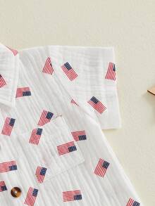 Toddler Boy 4th Of July Outfit Infant Baby Independence Day Patriotic Clothes Flag Print Short Sleeve Button Up T Shirt And Linen Shorts Set - 白色 - 查看 7