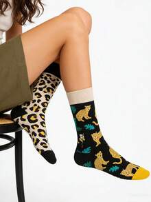 1双男女通用豹纹AB袜，个性化定制常规中筒袜，适合春夏穿着 - 黑色 - 查看 4