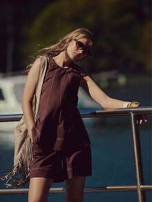 Women Plaid Outfit, Long Sleeve Tie-Up Crew Neck T-Shirt With Elastic Waist Shorts Summer Outfit - 咖啡棕 - 查看 5