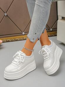 Zapatillas con plataforma para mujer, de unicolor, estilo deportivo casual con cordones, decoración de rhinestones, zapatos elevadores versátiles de moda, suela gruesa - Blanco - Ver 6