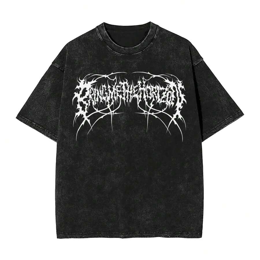 Printed T-Shirt Cotton Plus Size Men's Clothing, Short Sleeved Round Neck Tshirt Men Clothing New Top Tees Mens T-Shirt Camisetas Brings Me The Horizons BMTH Hip Hop Washed,Y2K,Oversized Shirt Men S-5XL,Summer Tops - 黑色 - 查看 1