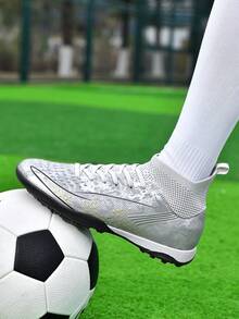 1 Pair High-Top Football Shoes, Studded TF Soles, Anti-Slip, For Students & Professional Training/Match - Silver - View 4