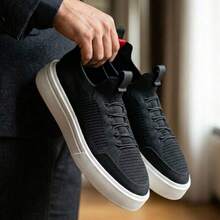 Men's Casual Knit Sneakers, Breathable, Lightweight, Comfortable, Urban Style, Fashionable, Modern, High Sole - màu đen - Xem 2