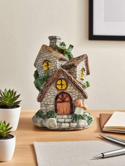 太阳能仙女小屋雕像 – 奇趣石屋摆件，适用于庭院、草坪和室内搁架装饰