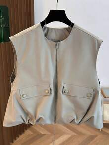 女士无袖短款背心，秋季清新纯色泡泡下摆，拉链圆领，时尚百搭，修身夏季款 - 杏色 - 查看 3