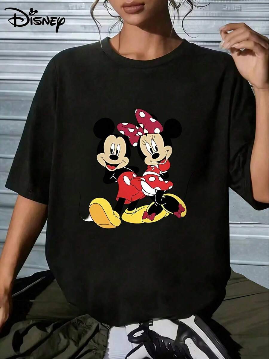 Women's Casual Disney Mickey & Minnie Mouse Print Black Cotton T-Shirt, Short Sleeve Round Neck Regular Fit Top - màu đen - Xem 1