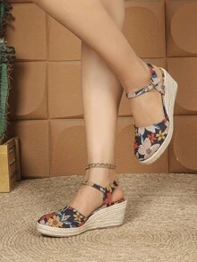 Women's Linen Rope Wedge Sandals, Casual Elastic Band Thick Bottom Shoes. Closed Toe Round Toe Hollow Breathable Platform High Heel Straw Woven Shoes, Fisherman Sandals With Closed Toe, Rubber Sole, Linen Rope Wedge Sandals, Beach Bohemian Hook And Loop Buckle Holiday Party - Black Multicolor - View 2