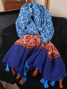 1条波西米亚简约印花围巾，时尚女士披肩，新款户外度假防晒沙滩巾，棉麻质感复古流苏围巾 - 彩色 - 查看 3