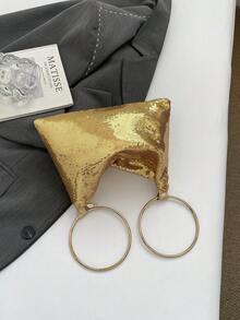 优雅亮片晚宴手拿包，女士正式派对手提包，温柔甜美女孩单肩包，纯色水桶包，新娘包 - 金色 - 查看 5