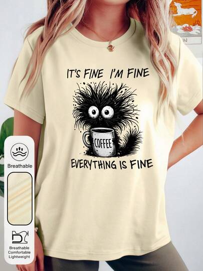 Plus Size Women's Daily Black Pom-Pom Graphic Crew Neck Short Sleeves Casual Summer Women's Tops , Fashionable And Versatile Women's Apricot T-Shirt